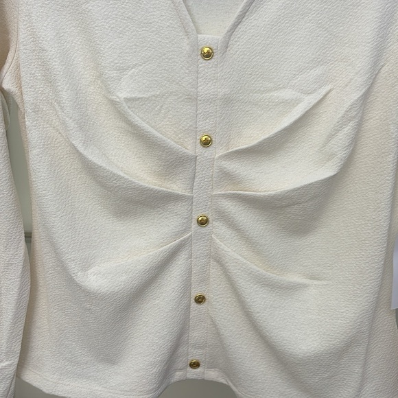 Ivory white cinched gold button ruched collar tunic top boho bohemian blouse - Picture 8 of 8